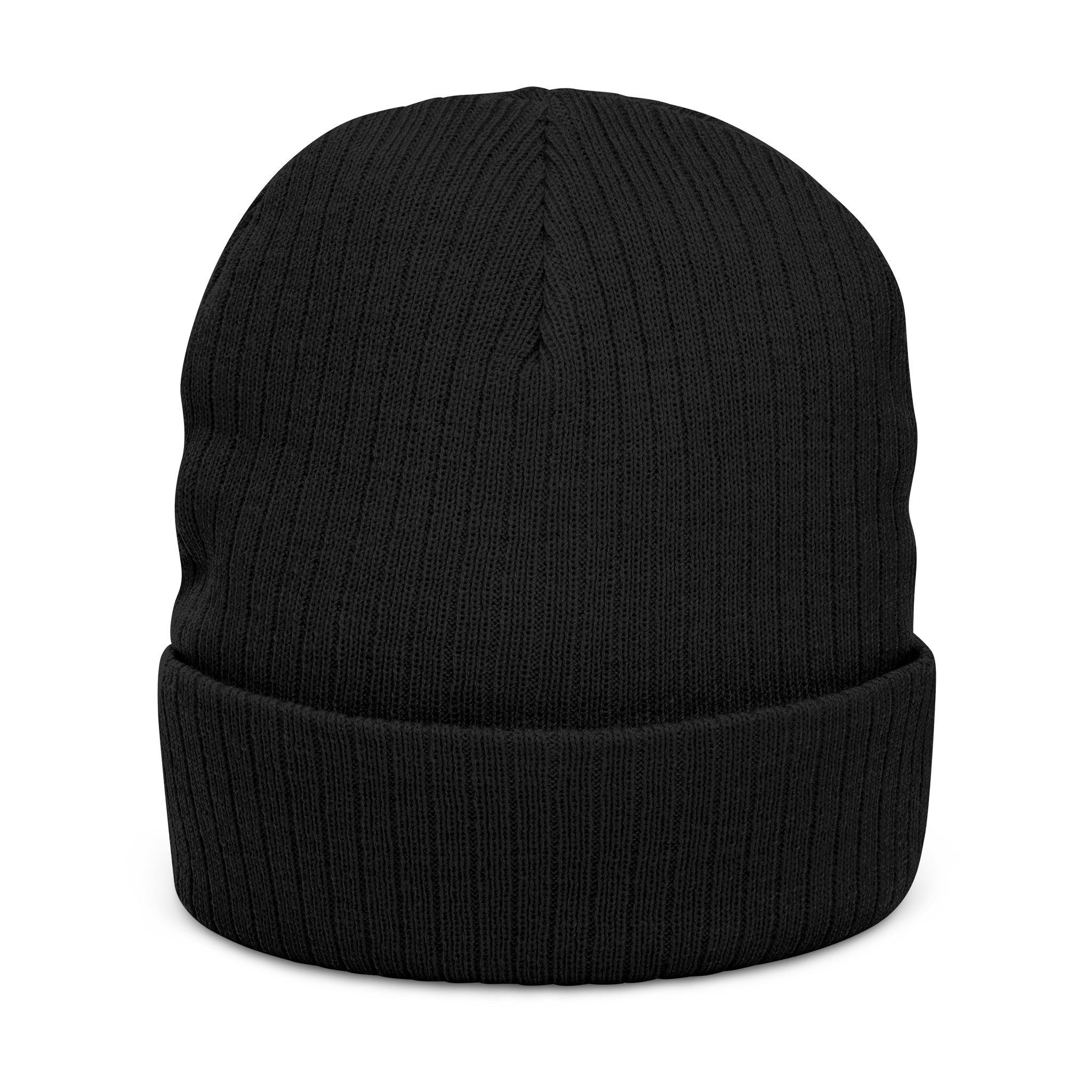Drape Embroidered Ribbed Knit Beanie — Cozy Black Cuffed Winter Hat