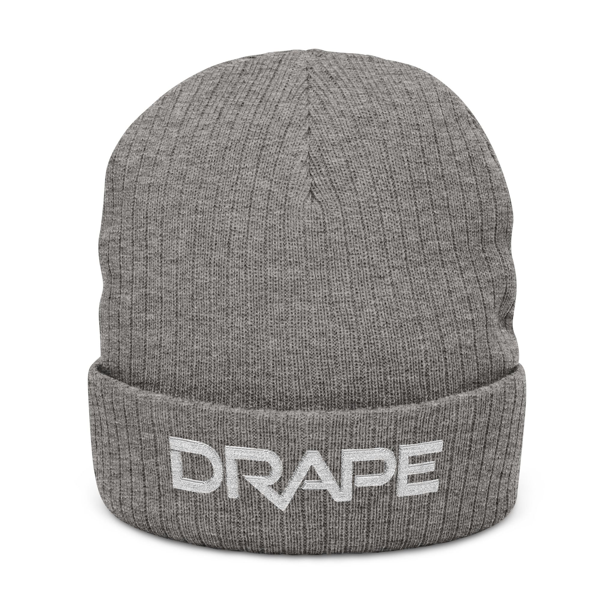 Drape Embroidered Ribbed Knit Beanie — Cozy Black Cuffed Winter Hat