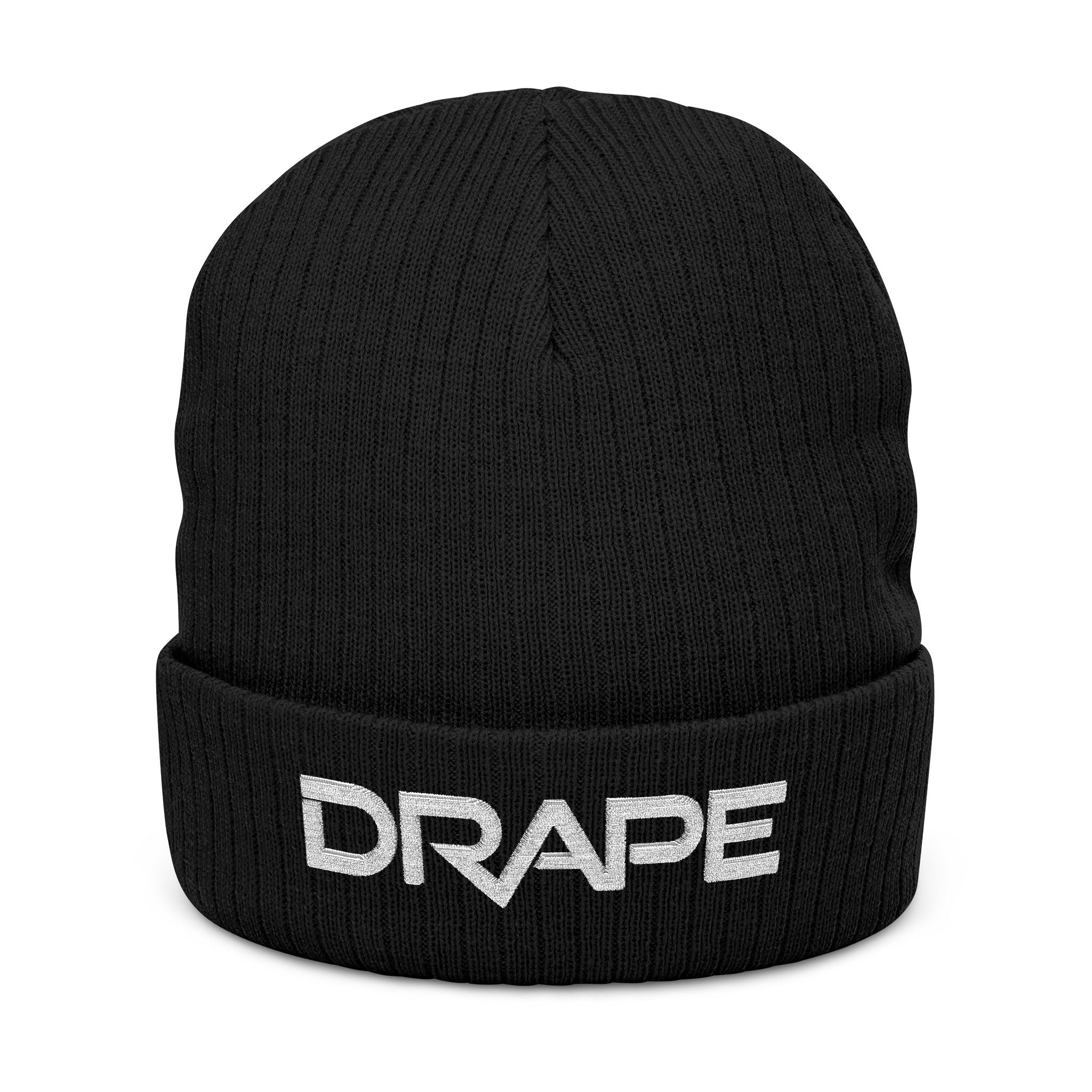 Drape Embroidered Ribbed Knit Beanie — Cozy Black Cuffed Winter Hat